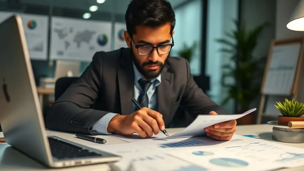 A Brazilian accountant working meticulously on detailed spreadsheets and financial reports, Contador brasileiro trabalhando com planilhas.