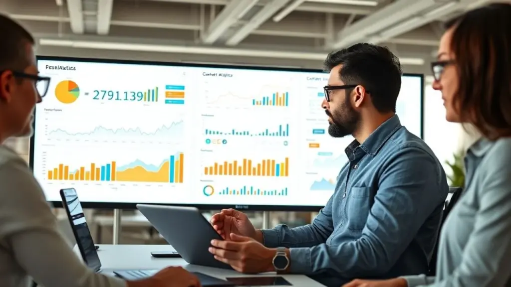 A Brazilian marketing team analyzing content performance metrics on a dashboard, professional Equipe de marketing brasileira analisando métricas de conteúdo em dashboard.