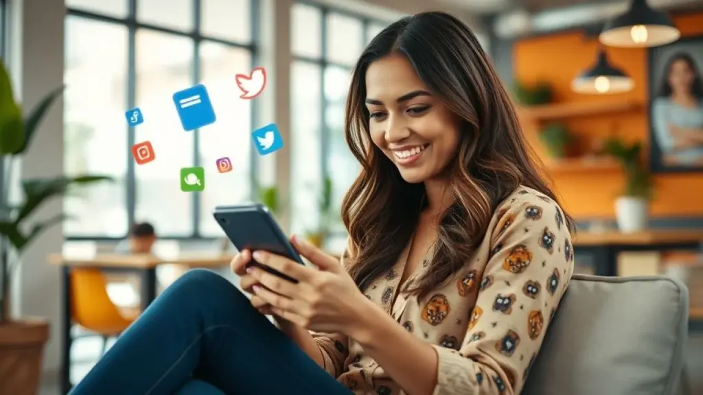 A Brazilian woman using a smartphone while sitting in a vibrant co-working space, social media Brasileira usa smartphone em coworking. Marketing digital para pequenas empresas.