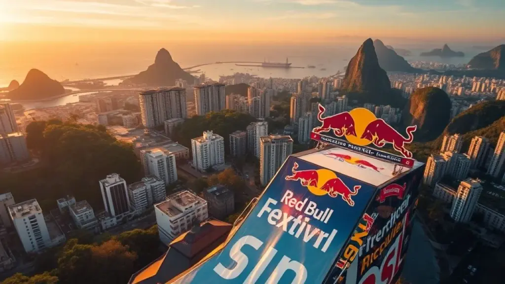 A breathtaking aerial view of a Red Bull-sponsored extreme sports event in Rio de Janeiro, Evento de esportes radicais da Red Bull no Rio de Janeiro com paisagem icônica.