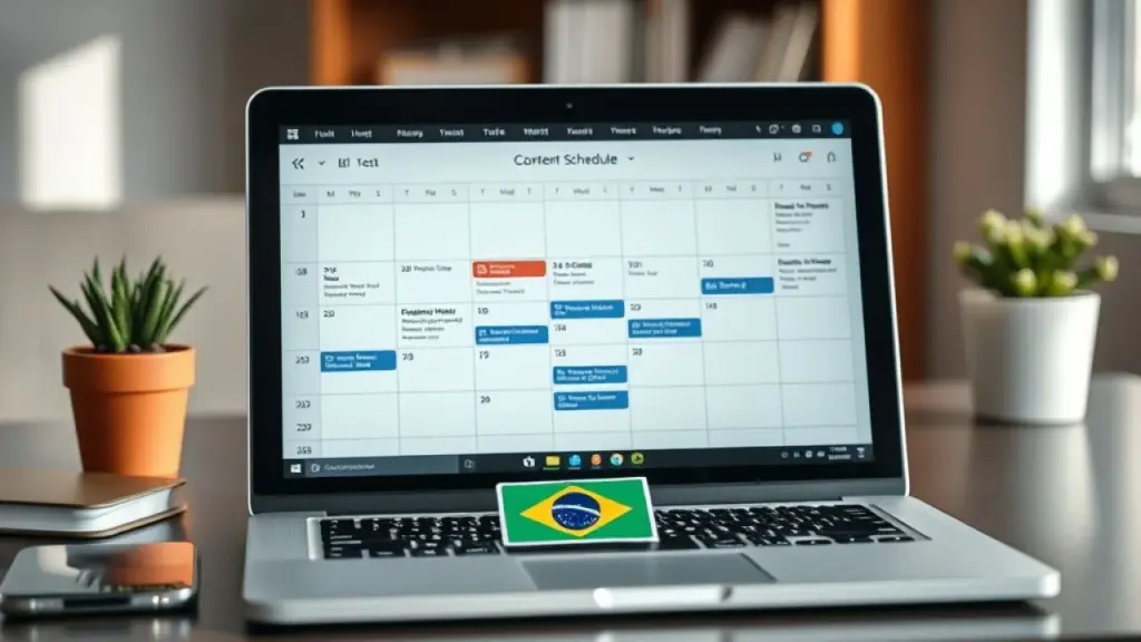 A calendar showing a content schedule for social media posts, blog articles, and email campaigns on Calendário de conteúdo digital com posts e campanhas agendadas