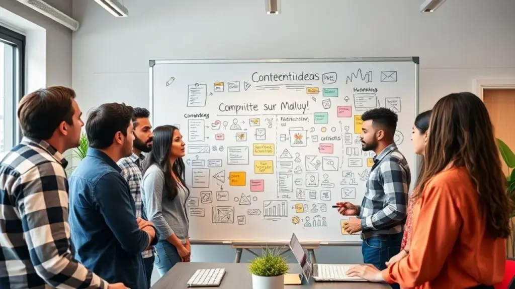 A diverse group of Brazilian marketers brainstorming content ideas on a whiteboard filled with Equipe diversa brasileira criando ideias de conteúdo em escritório moderno.
