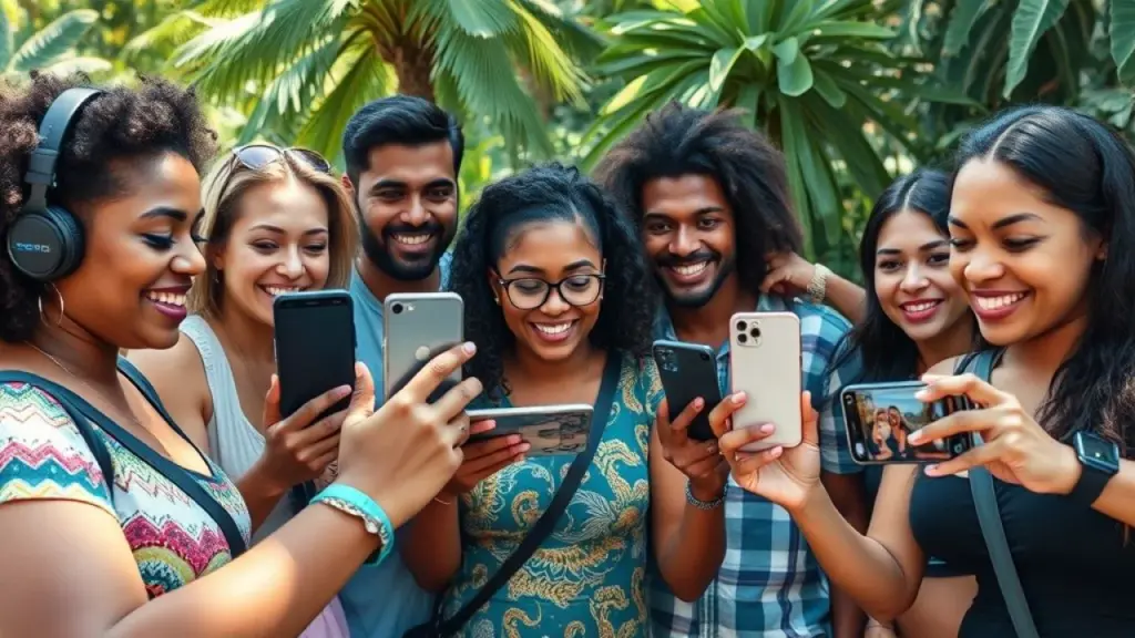 A diverse group of Brazilian social media users sharing GoPro videos and photos on their Brasileiros diversos compartilhando vídeos GoPro em seus smartphones.