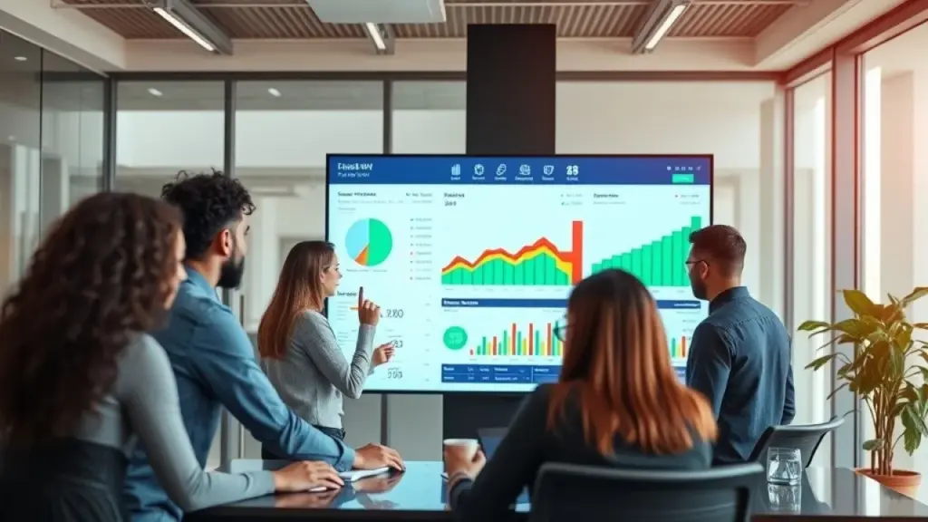 A diverse team of Brazilian business people analyzing financial data on a large screen displaying a Equipe brasileira analisando dados financeiros em software de contabilidade.