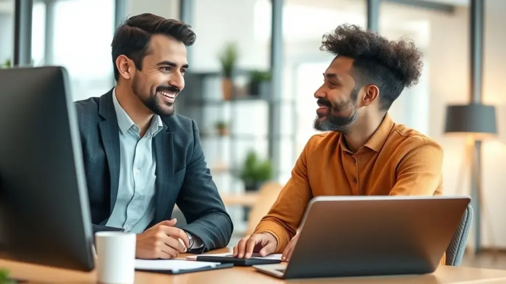 A friendly Brazilian accountant listening attentively to a small business owner in a modern office, Contador brasileiro ouvindo atentamente empresário em escritório moderno. Atendimento personalizado e compreensão.