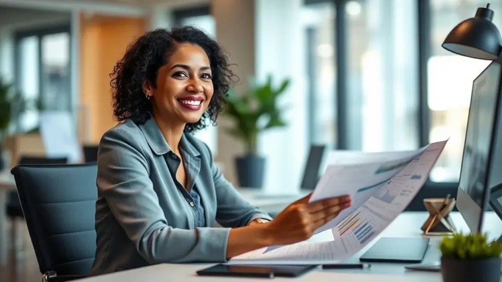 A small business owner, a woman in her 30s, smiling confidently while reviewing financial reports Empresária brasileira sorrindo ao analisar relatórios financeiros em seu escritório. Contabilidade para pequenas empresas.