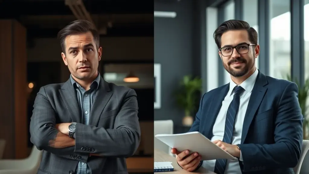 A split image showing a confused business owner on one side and a confident accountant on the Imagem dividida: empresário confuso vs. contador confiante em escritório brasileiro.