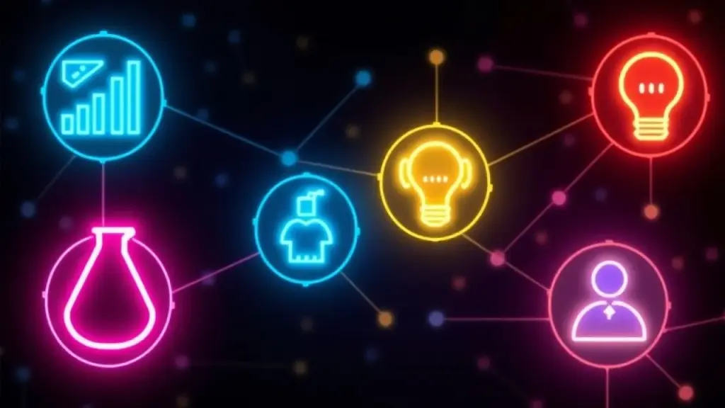 Abstract digital art: Pillars of growth hacking represented as glowing interconnected nodes - data Pilares do Growth Hacking: Dados, Testes, Automação, Cliente, Criatividade