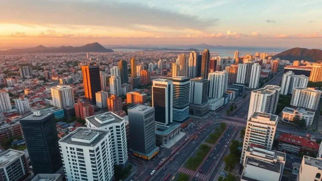 Aerial view of a vibrant Brazilian city skyline at sunset, showcasing modern buildings and busy Vista aérea da cidade brasileira ao pôr do sol, representando o alcance do Instagram Ads.