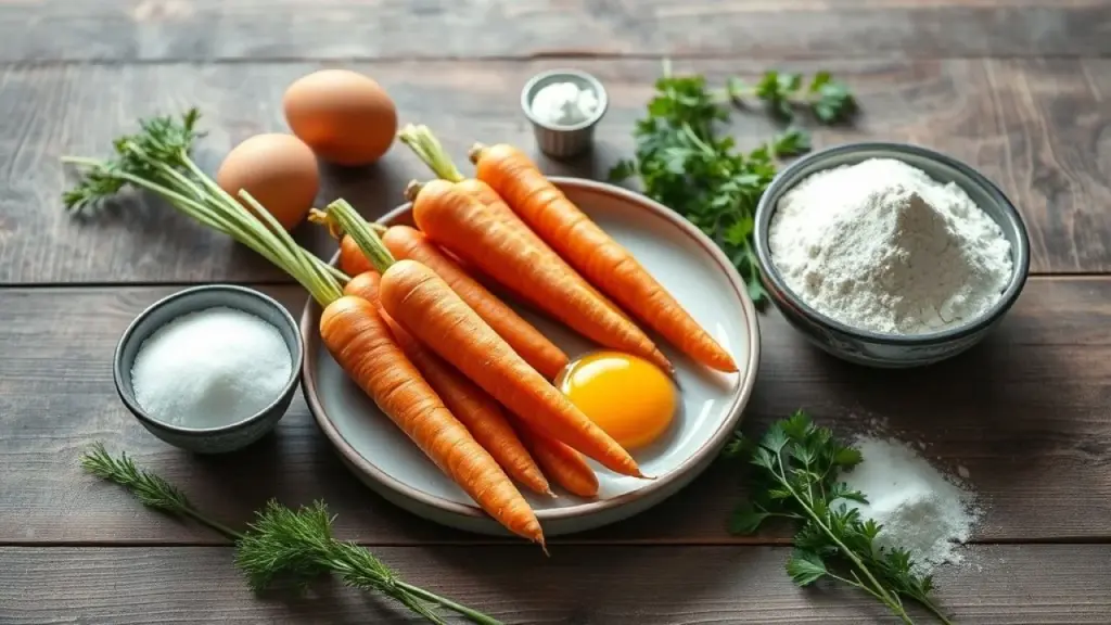 Aesthetic flat lay of ingredients for a bolo de cenoura (Brazilian carrot cake) on a rustic wooden Ingredientes para bolo de cenoura brasileiro dispostos em mesa de madeira.