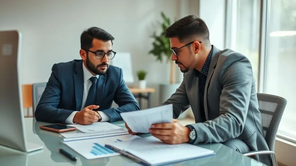 Brazilian accountant advising a small business owner at a desk with financial spreadsheets. Contador brasileiro auxiliando empresário com planilhas financeiras e cálculo do pró-labore.