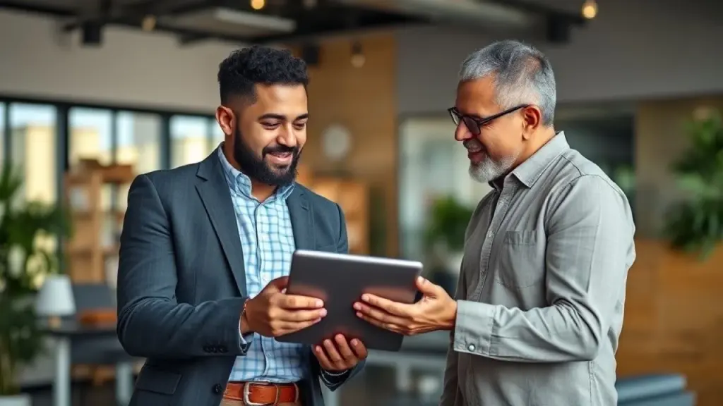 Brazilian accountant explaining tax options using a tablet to a small business owner in a modern Contador explica regimes tributários para empreendedor brasileiro.