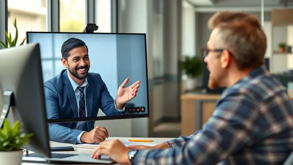 Brazilian accountant on a video call, explaining financial concepts to a small business owner, Contador brasileiro em videochamada explicando finanças para empresário, atendimento personalizado.
