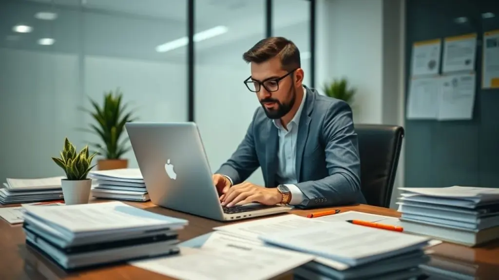 Brazilian accountant working on a laptop, surrounded by organized documents and tax forms, Contador(a) brasileiro(a) trabalha em planejamento tributário.
