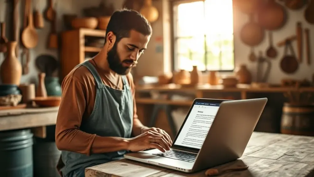 Brazilian artisan in a small workshop creating handmade products, laptop open with blog post draft Artesão brasileiro cria conteúdo. Marketing de conteúdo para pequenas empresas.