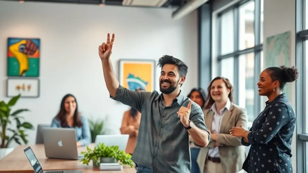 Brazilian business owner celebrating success with team after receiving positive customer feedback, Empresário brasileiro comemora sucesso com equipe após feedback positivo de cliente.