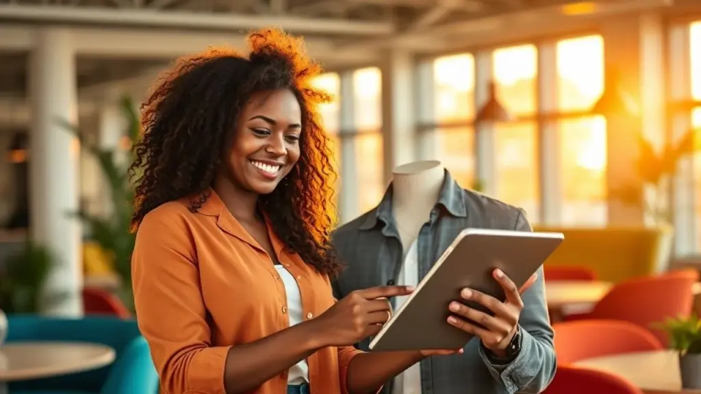 Brazilian business owner confidently managing finances with a tablet in a vibrant, modern coworking Empresário brasileiro gerenciando finanças com tablet em espaço de coworking moderno.
