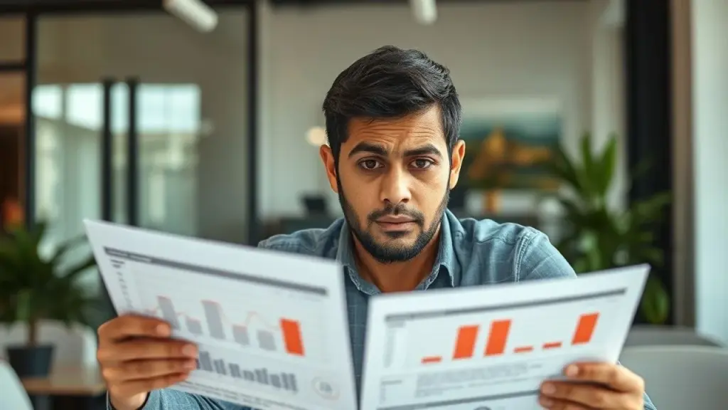 Brazilian business owner looking concerned at a campaign report displaying negative results, mixed Empresário brasileiro analisando resultados negativos de campanha.