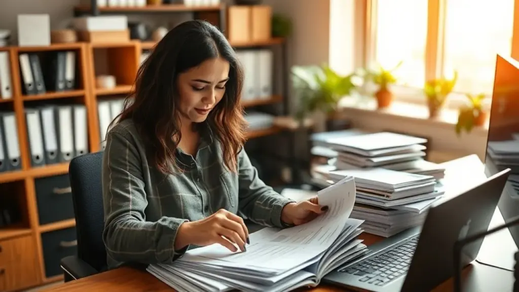 Brazilian business owner meticulously organizing financial documents and receipts in a Empresário brasileiro organizando documentos financeiros em escritório organizado.