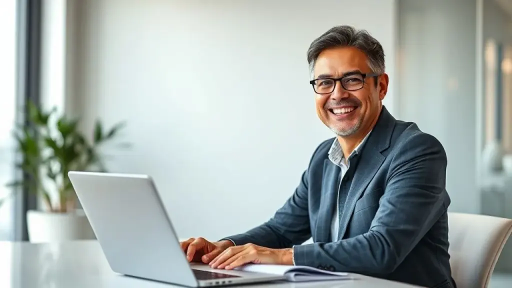 Brazilian business owner, mid-40s, smiling confidently in a modern office, laptop and financial Sócio-administrador brasileiro sorrindo em escritório moderno, planejando finanças da empresa.