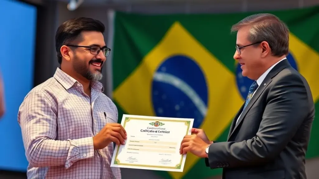 Brazilian business owner receiving a certificate of tax incentive from a government representative, Empresário(a) recebe certificado de incentivo fiscal do governo.