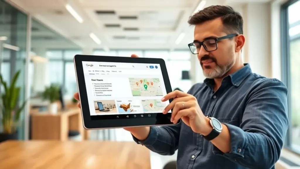 Brazilian business owner registering their business on Google Meu Negócio on a tablet, Empresário brasileiro cadastrando empresa no Google Meu Negócio