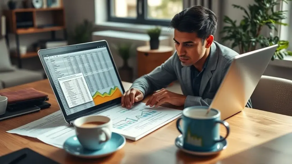 Brazilian business professional analyzing CAC data on laptop with spreadsheet, focused expression, Profissional brasileiro analisando CAC em planilha no laptop.