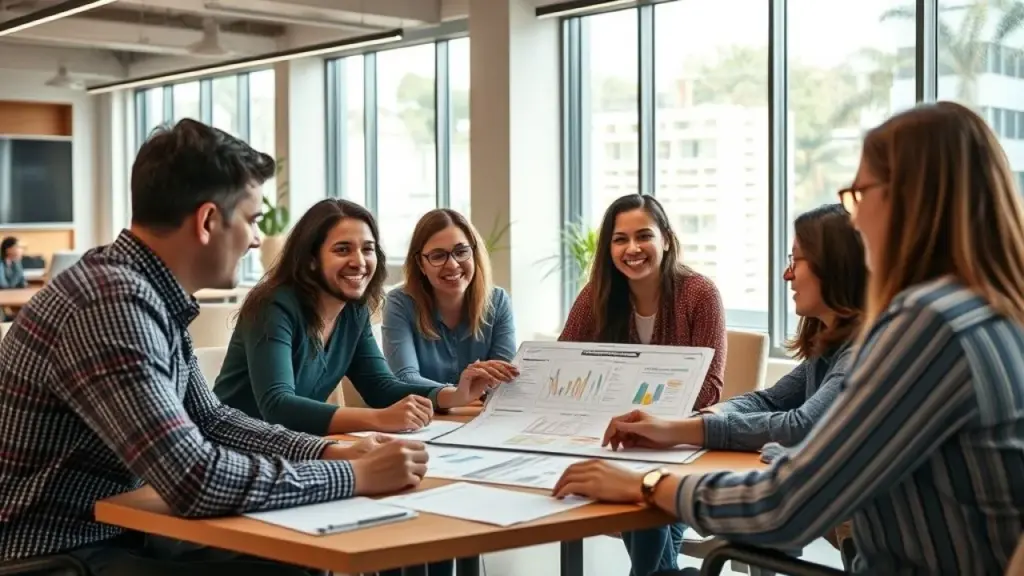 Brazilian business team brainstorming about customer journey mapping, modern office in São Paulo, Equipe brasileira mapeando jornada do cliente em escritório moderno.