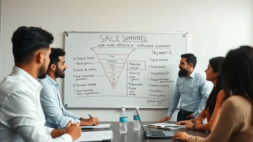 Brazilian business team brainstorming ideas for optimizing their sales funnel, modern office Equipe brasileira discutindo otimização do funil de vendas em um escritório.