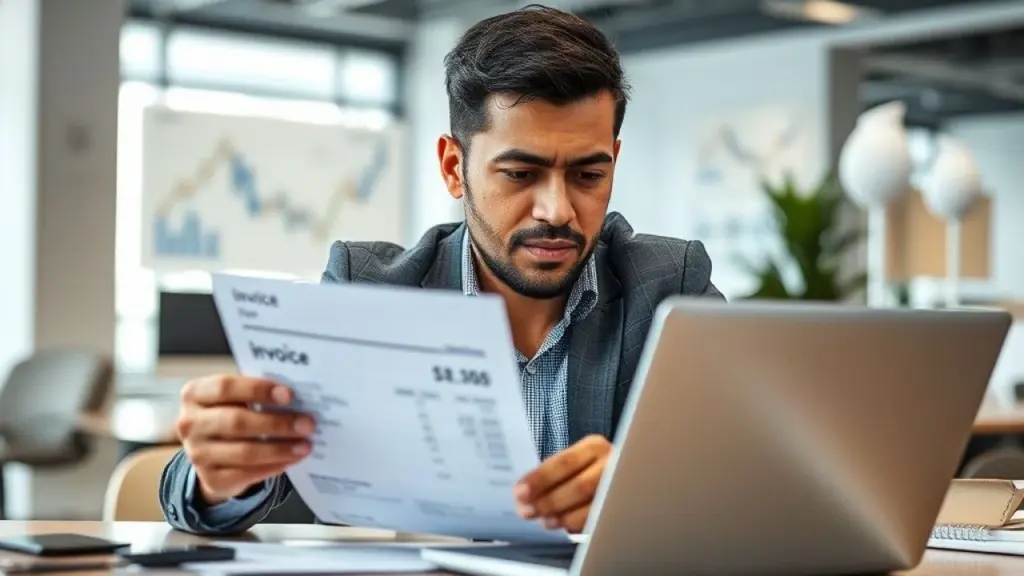 Brazilian businessman meticulously reviewing a digital invoice on his laptop, professional Empresário brasileiro conferindo nota fiscal digital no laptop. Atenção, precisão e gestão fiscal.