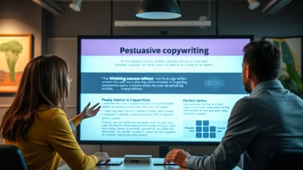 Brazilian businesswoman presenting a successful marketing campaign to her team using a large screen Empresária brasileira apresentando campanha de marketing com copywriting persuasivo.