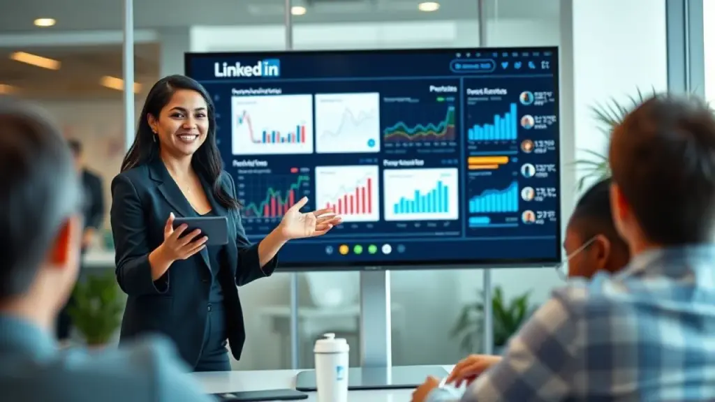 Brazilian businesswoman presenting data charts and graphs on a screen during a LinkedIn Live Empresária brasileira apresentando dados em LinkedIn Live