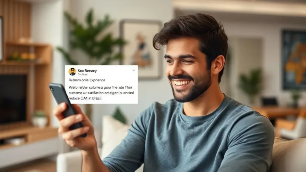 Brazilian customer giving positive online review on smartphone, representing excellent customer Cliente brasileiro dando review positivo no smartphone.