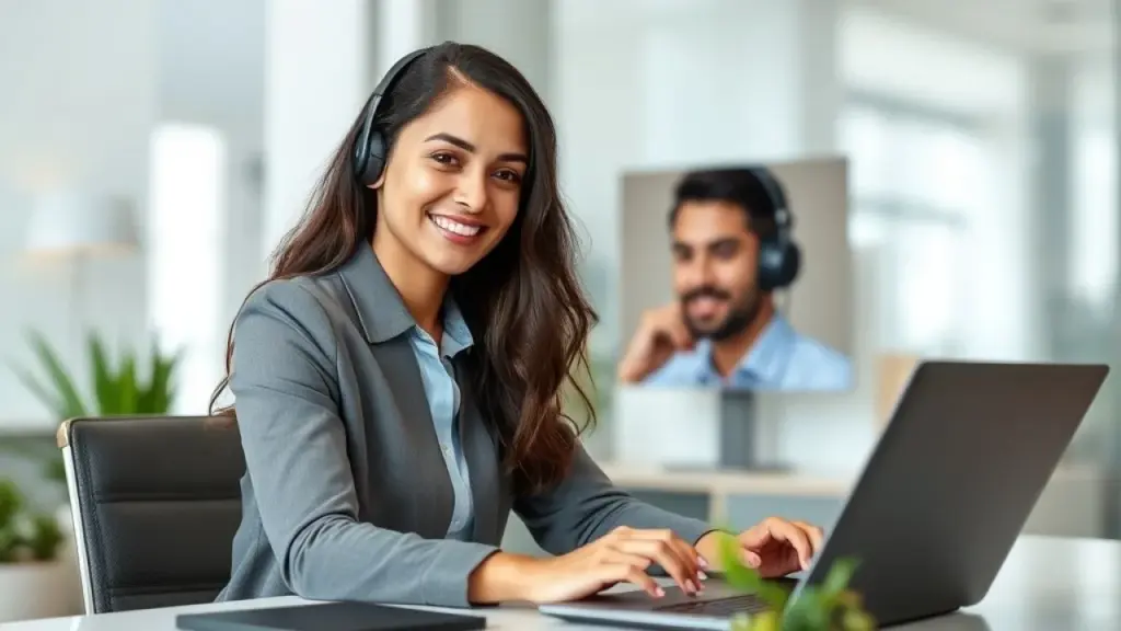 Brazilian customer service representative assisting a customer via video call, friendly and helpful Atendente brasileira auxiliando cliente por video chamada. Atendimento de excelência.
