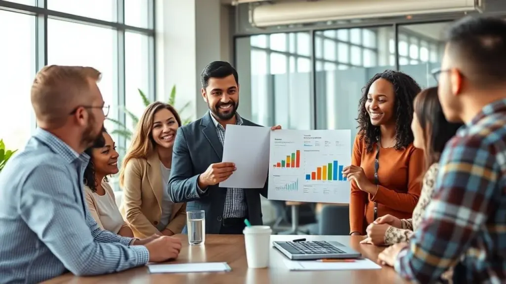 Brazilian entrepreneur confidently presenting a financial report to a team in a modern co-working Empreendedor brasileiro apresenta relatório financeiro para equipe.