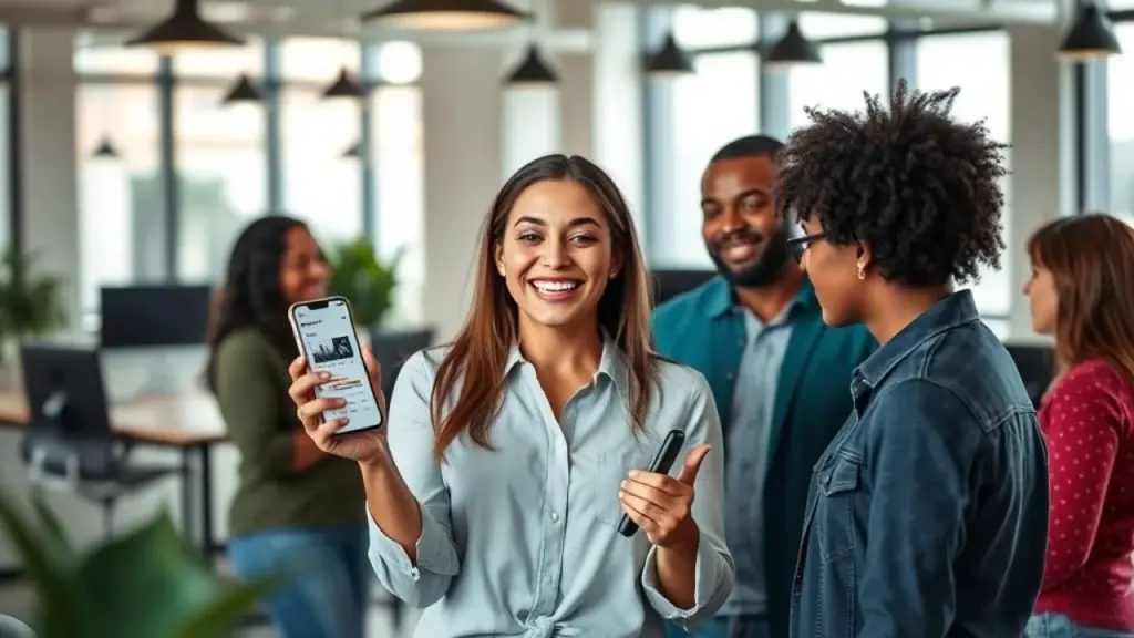 Brazilian entrepreneur in a modern coworking space, excitedly showing TikTok analytics on a Equipe brasileira analisando dados do TikTok em coworking moderno