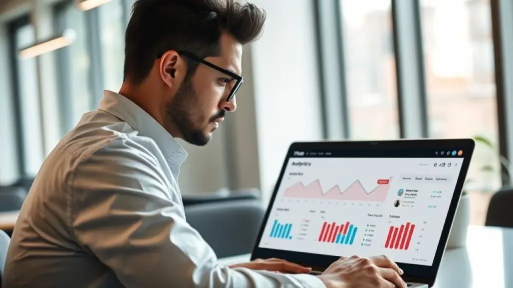 Brazilian entrepreneur reviewing TikTok analytics dashboard on a laptop, showing metrics like Empreendedor brasileiro analisando métricas do TikTok em seu laptop