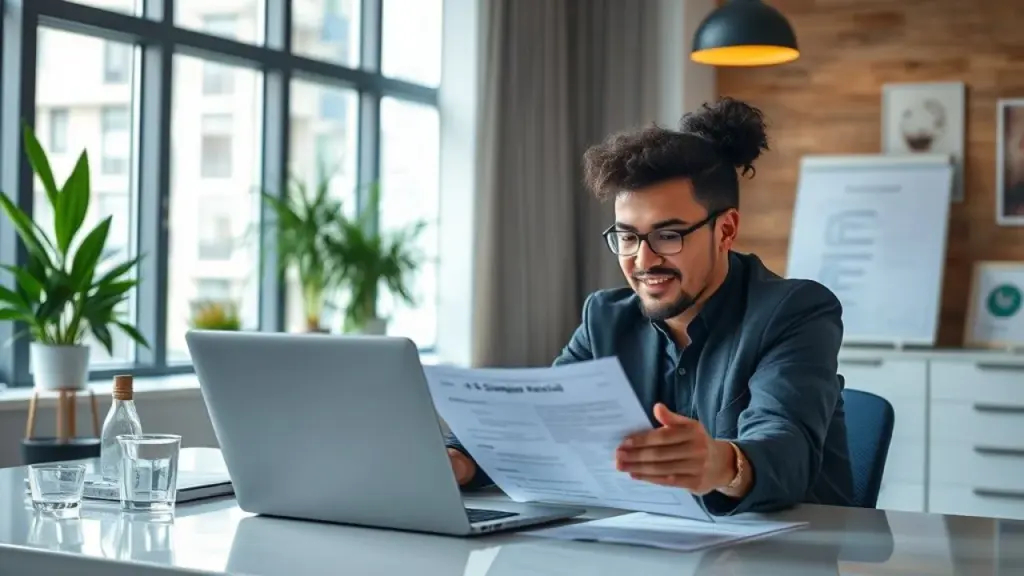 Brazilian entrepreneur sitting at desk with laptop, reviewing documents related to Simples Empreendedor brasileiro revisando documentos do Simples Nacional