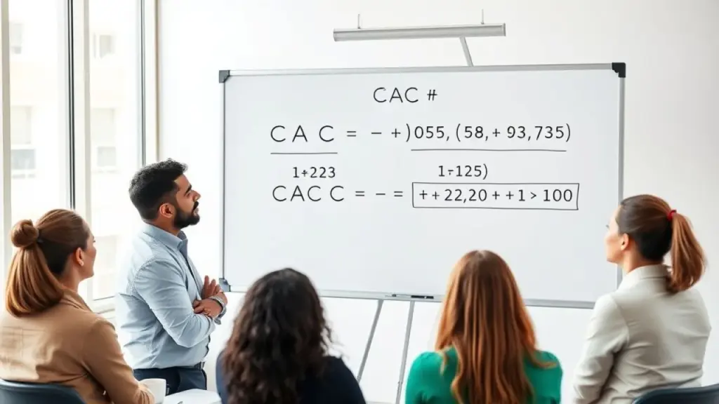 Brazilian executive presenting CAC calculation formula on whiteboard to team, professional business Executivo brasileiro apresentando fórmula CAC em lousa.