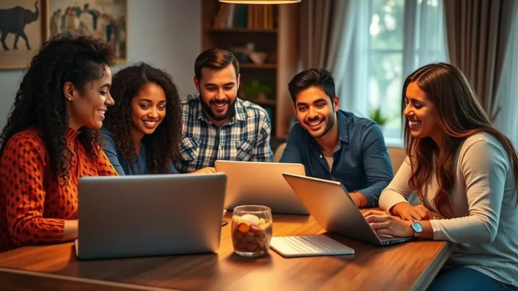 Brazilian family sitting at a table, discussing finances with laptops and tablets. Lifestyle Família brasileira discutindo finanças com laptops e tablets, planejando futuro financeiro.