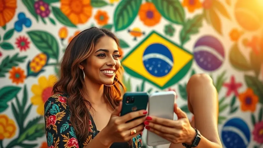 Brazilian influencer engaging with followers on social media, vibrant and colorful background with Influenciador brasileiro engajando seguidores em rede social