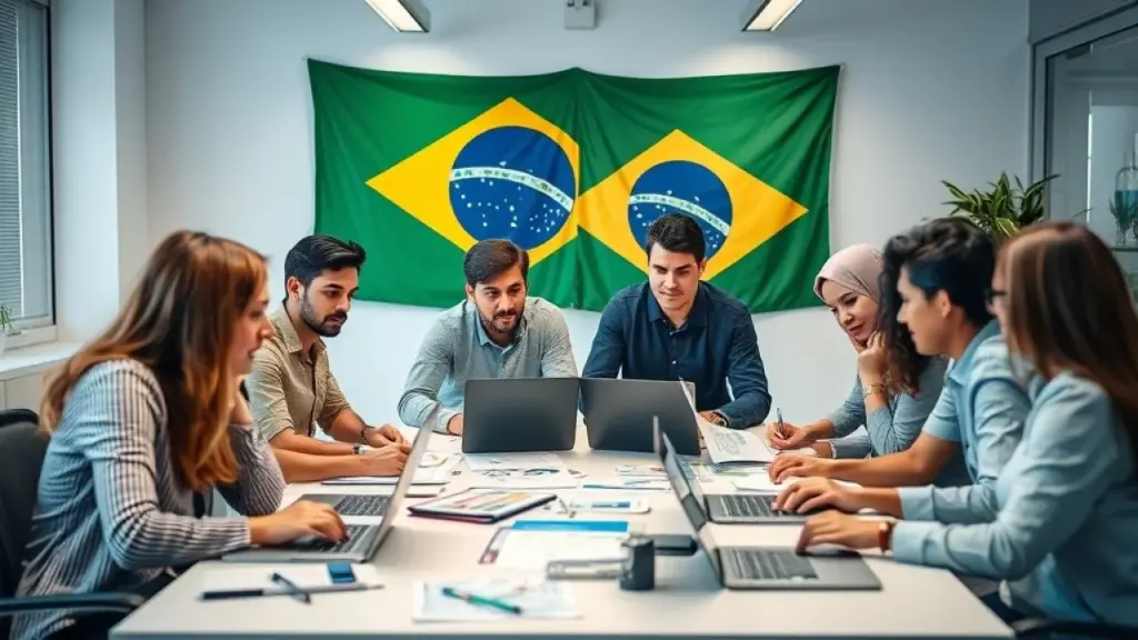 Brazilian marketing team brainstorming around a table filled with laptops and marketing materials, Equipe de marketing brasileira colaborando em estratégias digitais.