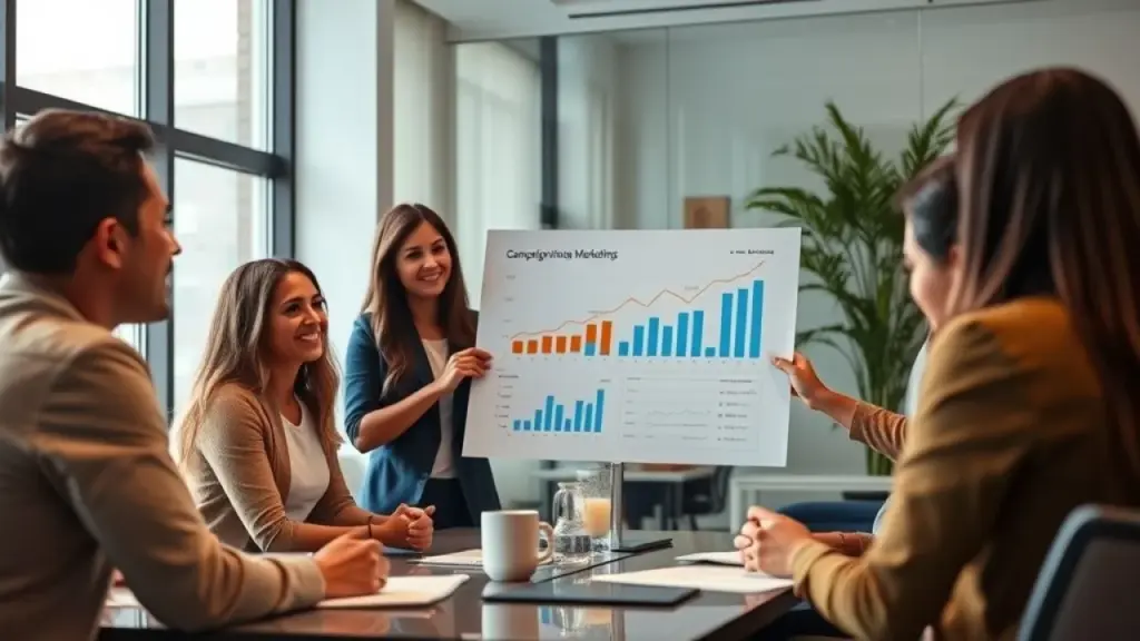 Brazilian marketing team presenting data-driven campaign results to a client, showcasing increased Equipe de marketing apresentando resultados de campanha no Brasil.