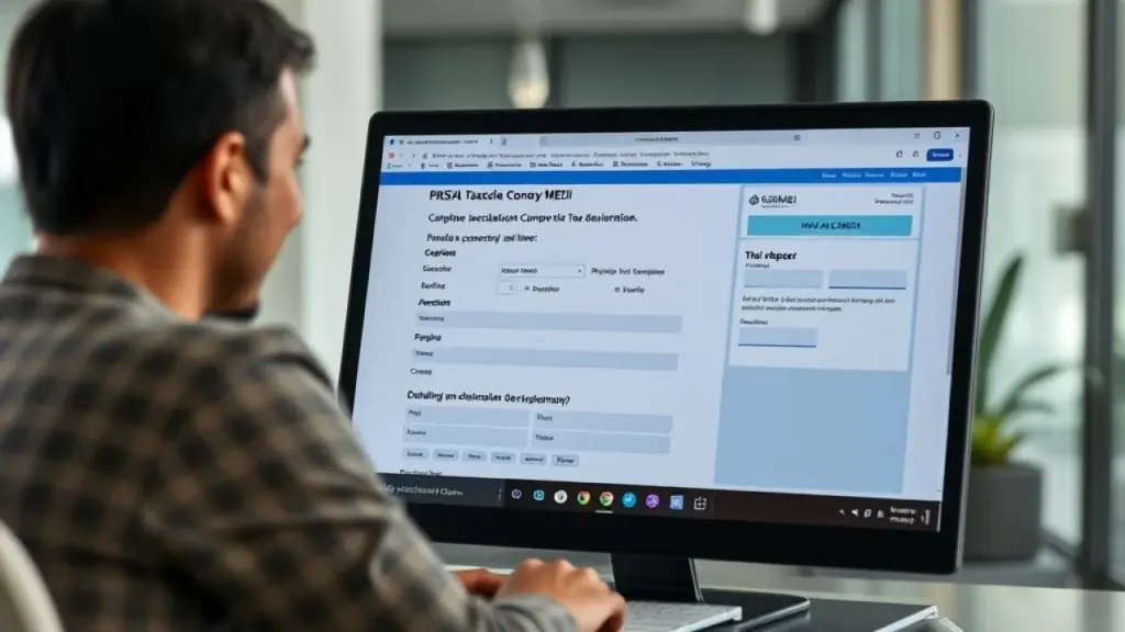 Brazilian MEI completing annual tax declaration (DASN-SIMEI) on user-friendly online platform, MEI brasileiro fazendo a declaração anual com contabilidade online.