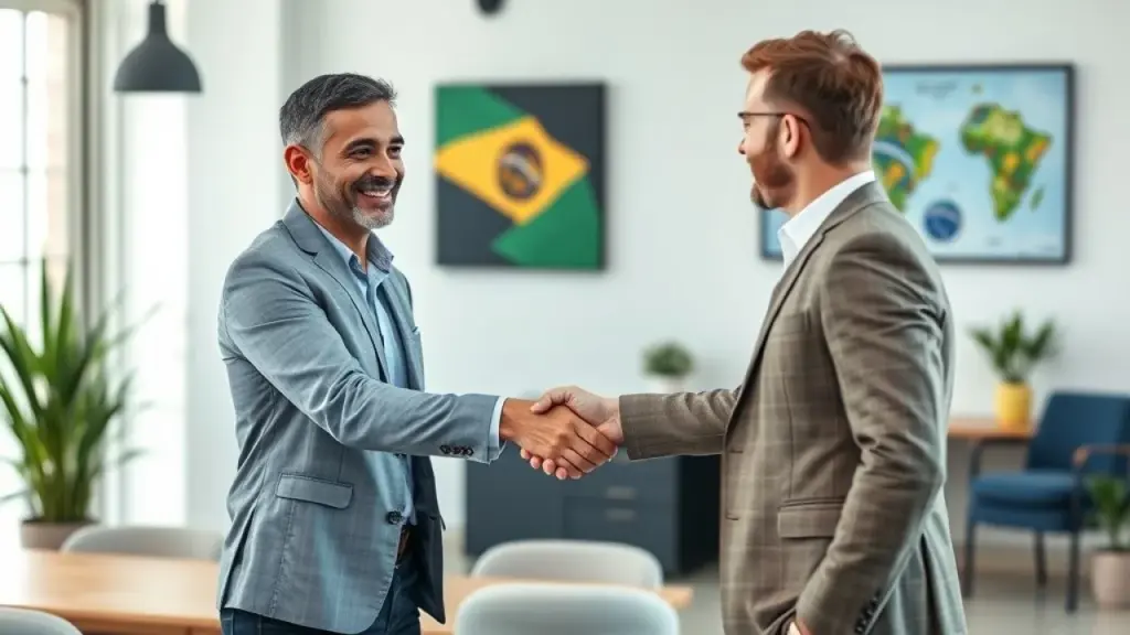 Brazilian sales professional in a modern office, shaking hands with a happy client, professional Vendedor brasileiro fechando negócio com cliente satisfeito.
