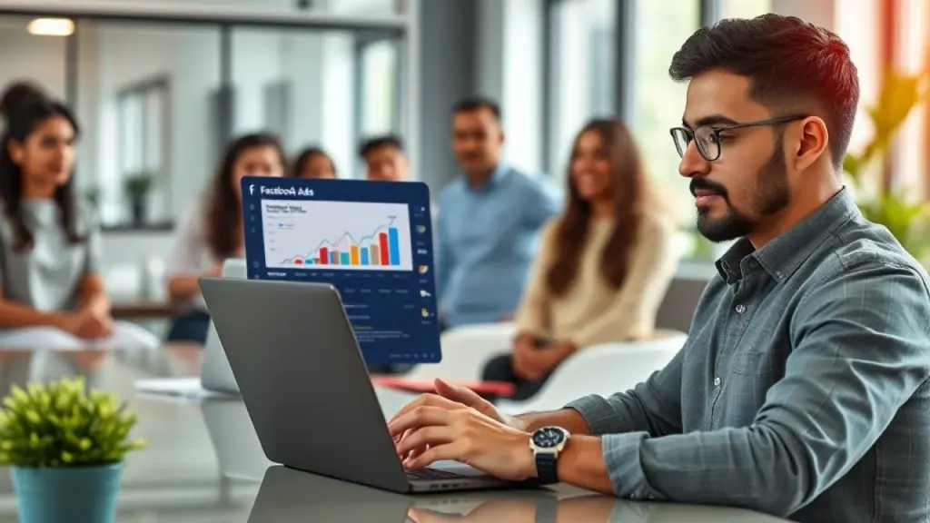 Brazilian small business owner analyzing Facebook Ads dashboard on laptop, diverse team in Empresário brasileiro analisando resultados de campanha de remarketing.