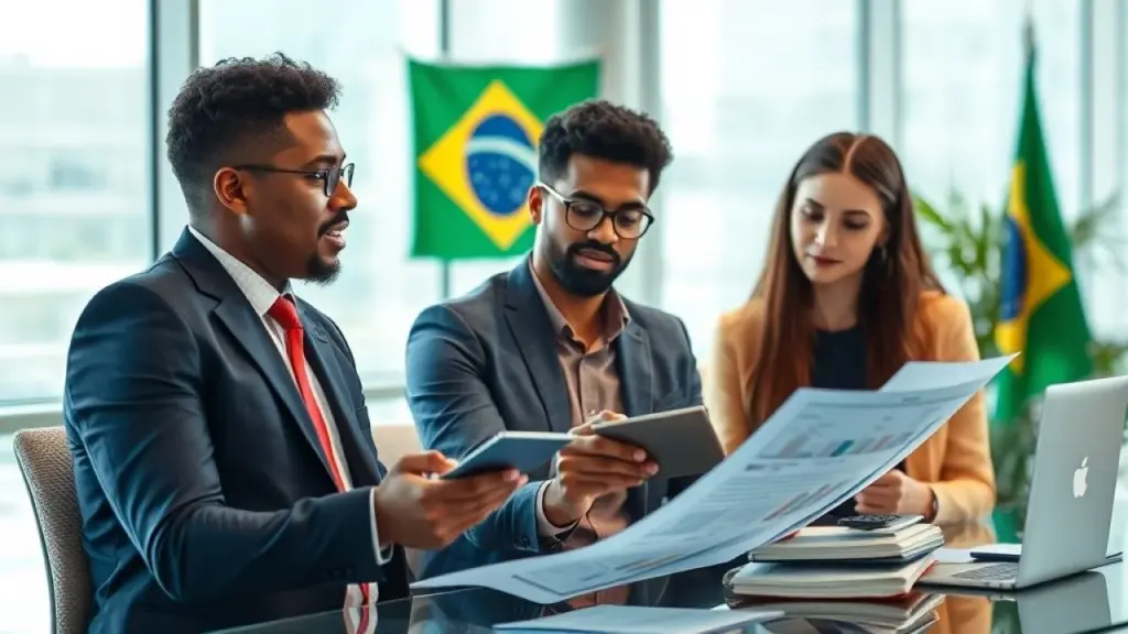 Brazilian small business owner analyzing financial reports with a calculator, professional Empresário(a) brasileiro(a) analisa finanças da empresa com calculadora.