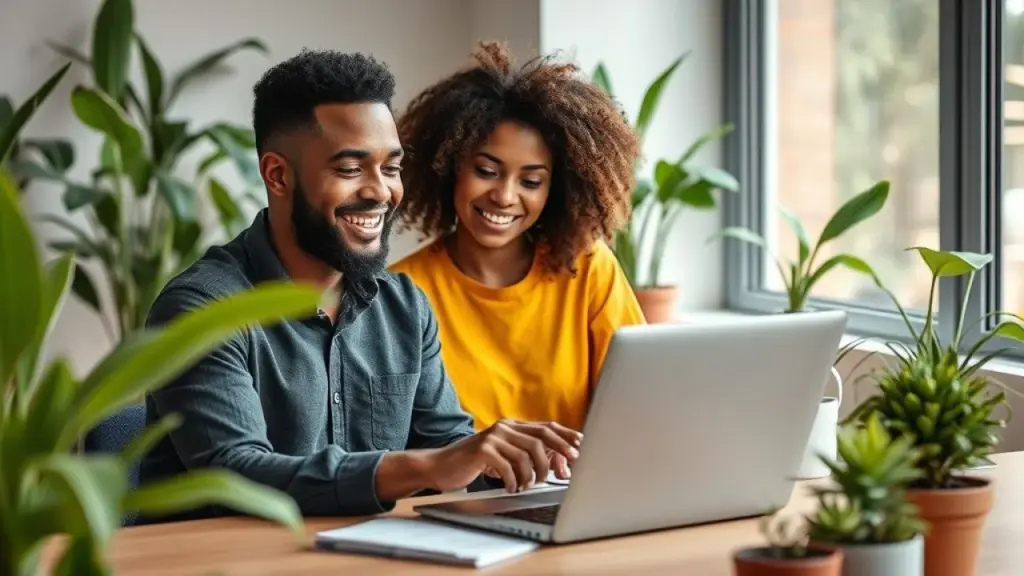 Brazilian small business owner happily managing finances on a laptop in a modern office, surrounded Empresário brasileiro usando laptop para contabilidade digital.