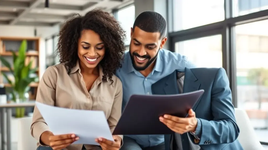 Brazilian small business owner reviewing financial documents with an accountant in a modern office, Empresário brasileiro revisando documentos com contador em escritório moderno. Soluções financeiras personalizadas.