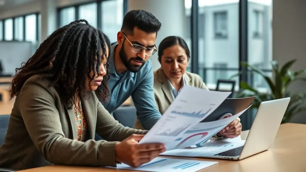 Brazilian small business owner reviewing financial reports with a consultant in a modern office, Empresário brasileiro e consultor contábil analisando dados financeiros em escritório moderno.